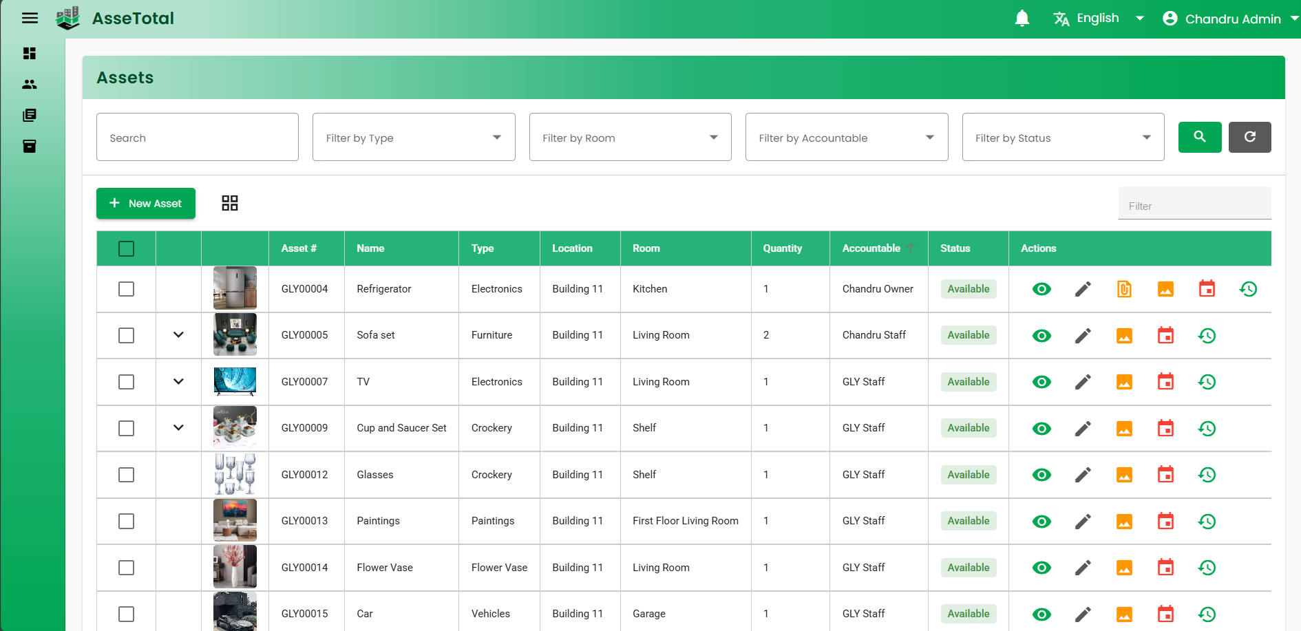 List of assets shown on Assetotal asset management system