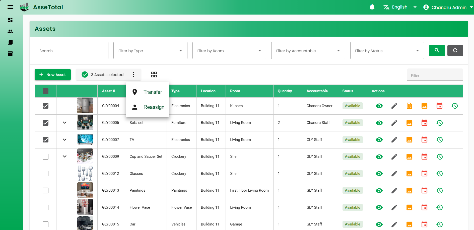 Asset listing page featuring transfer and reassign options for selected assets in Assetotal