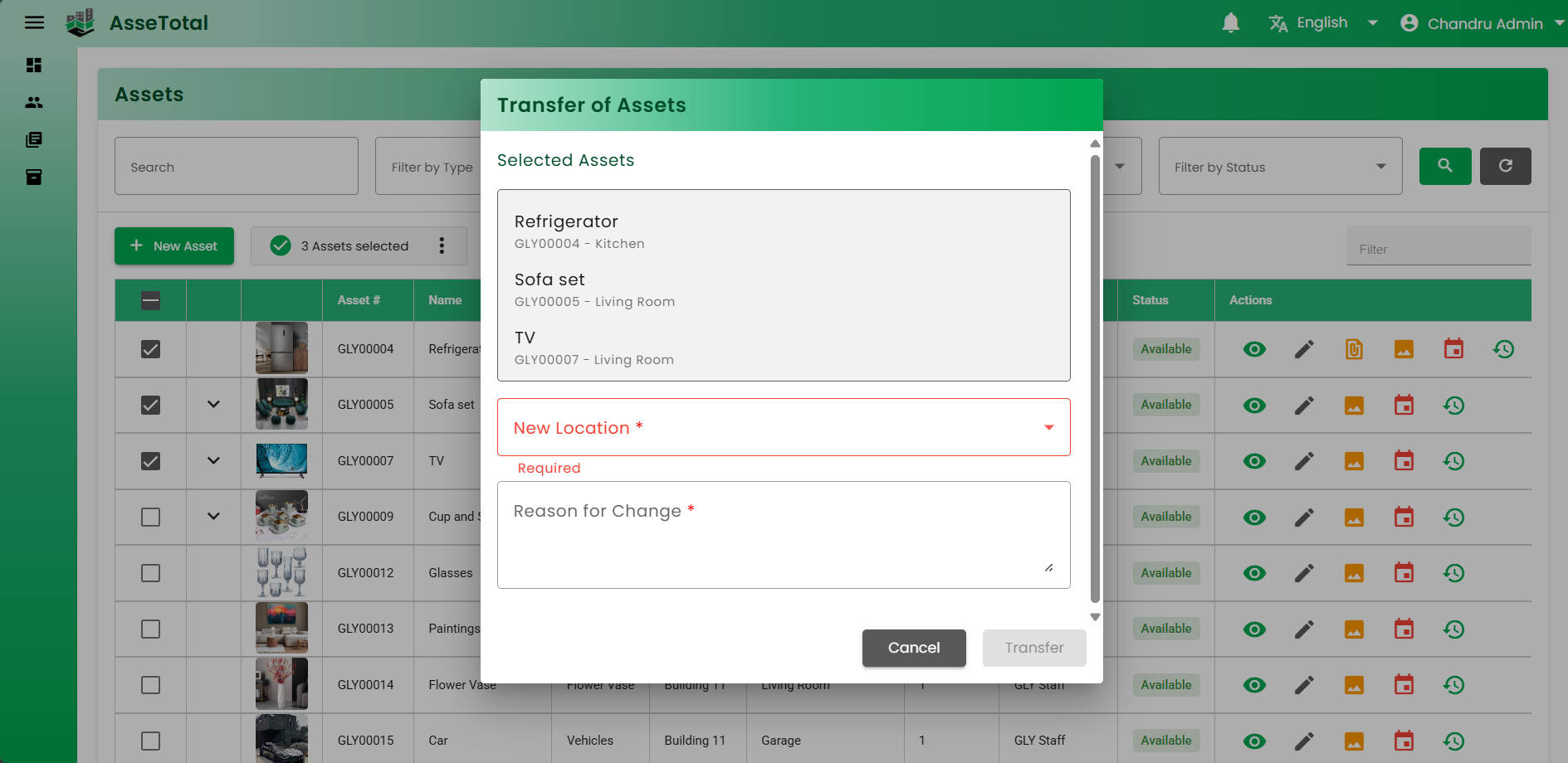 Transfering assets from existing location to a new location in asseTotal